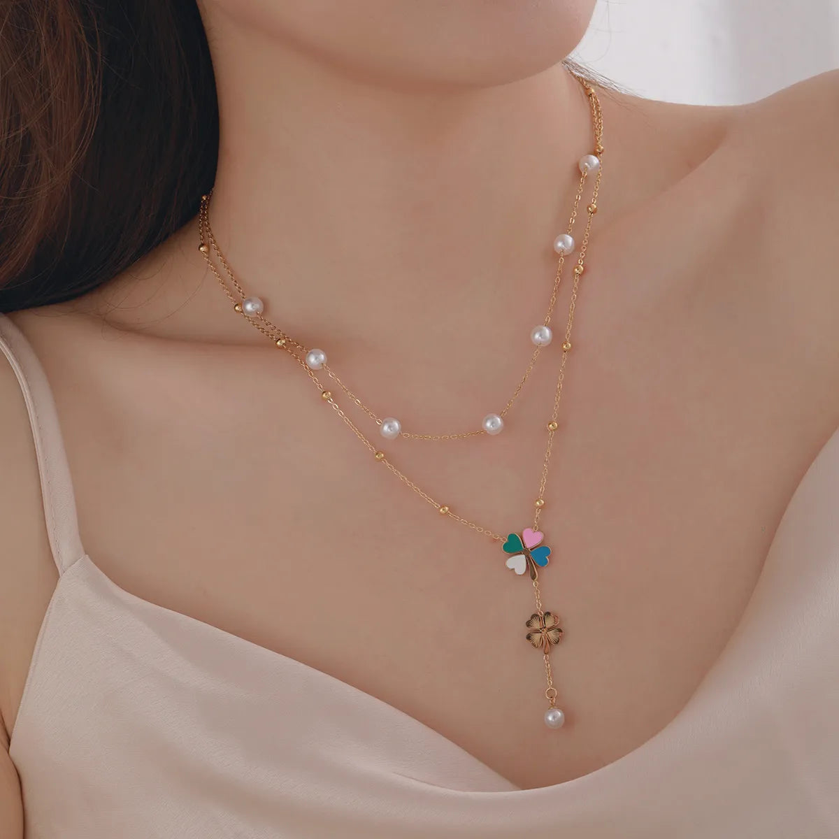 304 Stainless Steel Imitation Pearl Copper 18K Gold Plated Casual Elegant Plating Heart Shape Flower Double Layer Necklaces