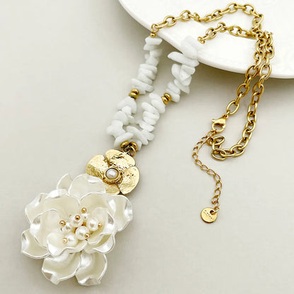 304 Stainless Steel Imitation Pearl Natural Stone 14K Gold Plated Elegant Classical Beaded Plating Flower Necklace