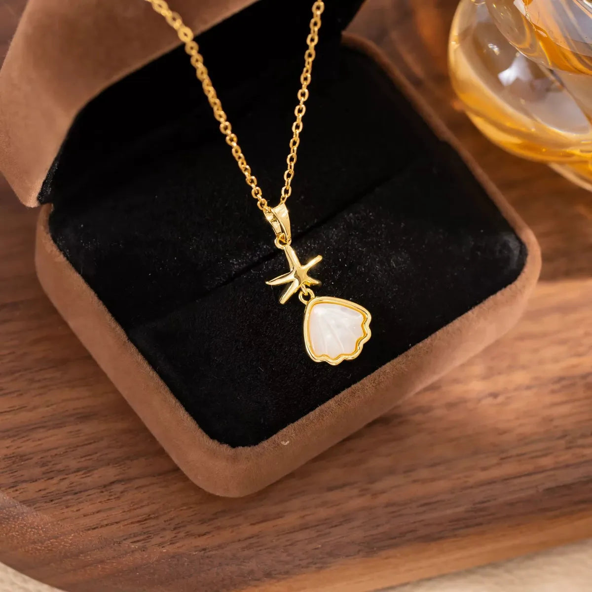 304 Stainless Steel K Gold Plated Simple Style Classic Style Plating Inlay Starfish Shell Rhinestones Pendant Necklace