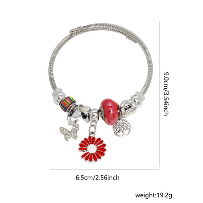 304 Stainless Steel Lady Modern Style Sweet Beaded Life Tree Butterfly Daisy Bangle