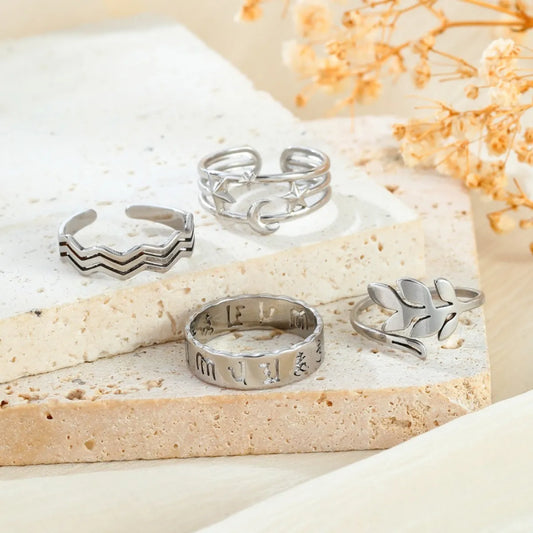 304 Stainless Steel Modern Style Simple Style Hollow Out Moon Leaves Symbol Open Rings