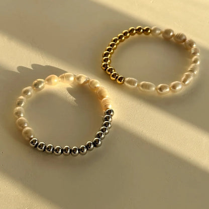 304 Stainless Steel Natural Pearls Vary In Size, Please Consider Carefully Before Ordering! 18K Gold Plated IG Style Basic Beaded Round Bracelets