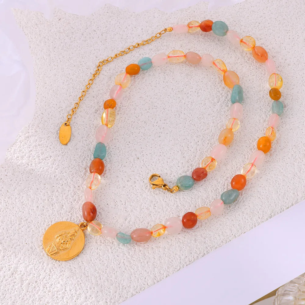 304 Stainless Steel Natural Stone 18K Gold Plated Casual Elegant Beaded Plating Round Oval Pendant Necklace