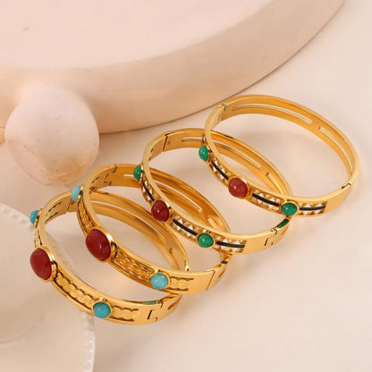 304 Stainless Steel Natural Stone 18K Gold Plated Casual Retro Simple Style Enamel Plating Inlay Round Natural Stone Bangle