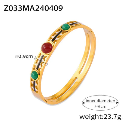 304 Stainless Steel Natural Stone 18K Gold Plated Casual Retro Simple Style Enamel Plating Inlay Round Natural Stone Bangle