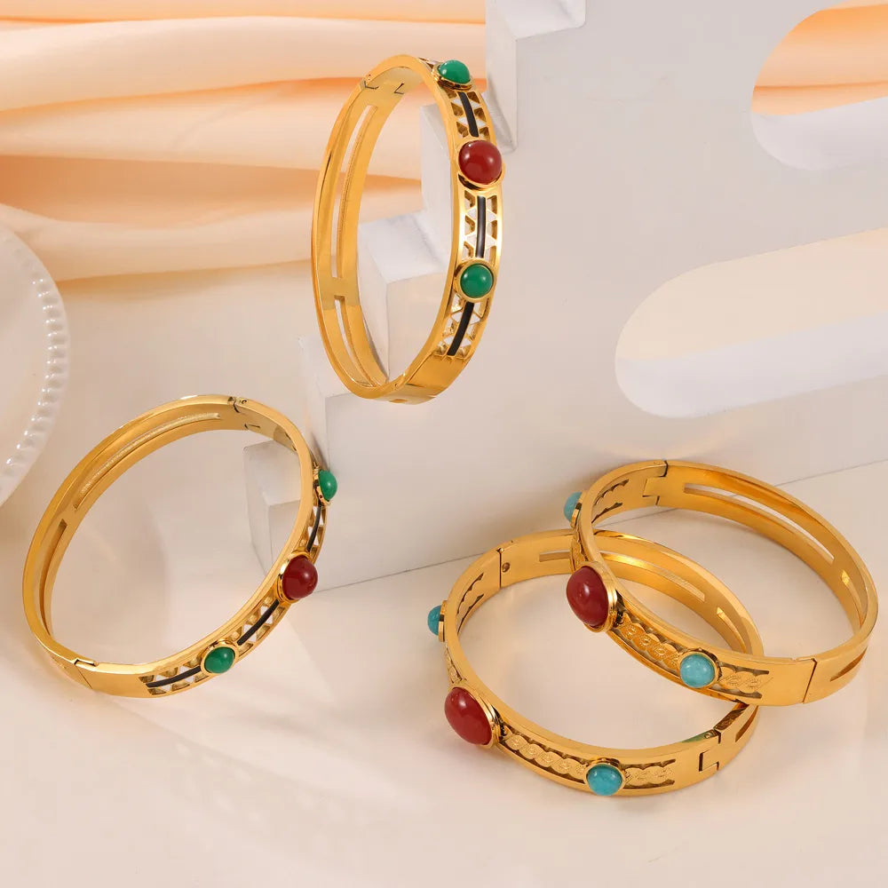 304 Stainless Steel Natural Stone 18K Gold Plated Casual Retro Simple Style Enamel Plating Inlay Round Natural Stone Bangle