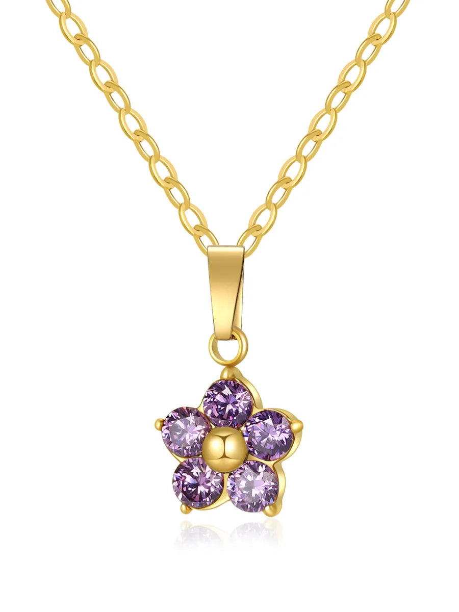 304 Stainless Steel Simple Style Classic Style Inlay Flower Zircon Pendant Necklace