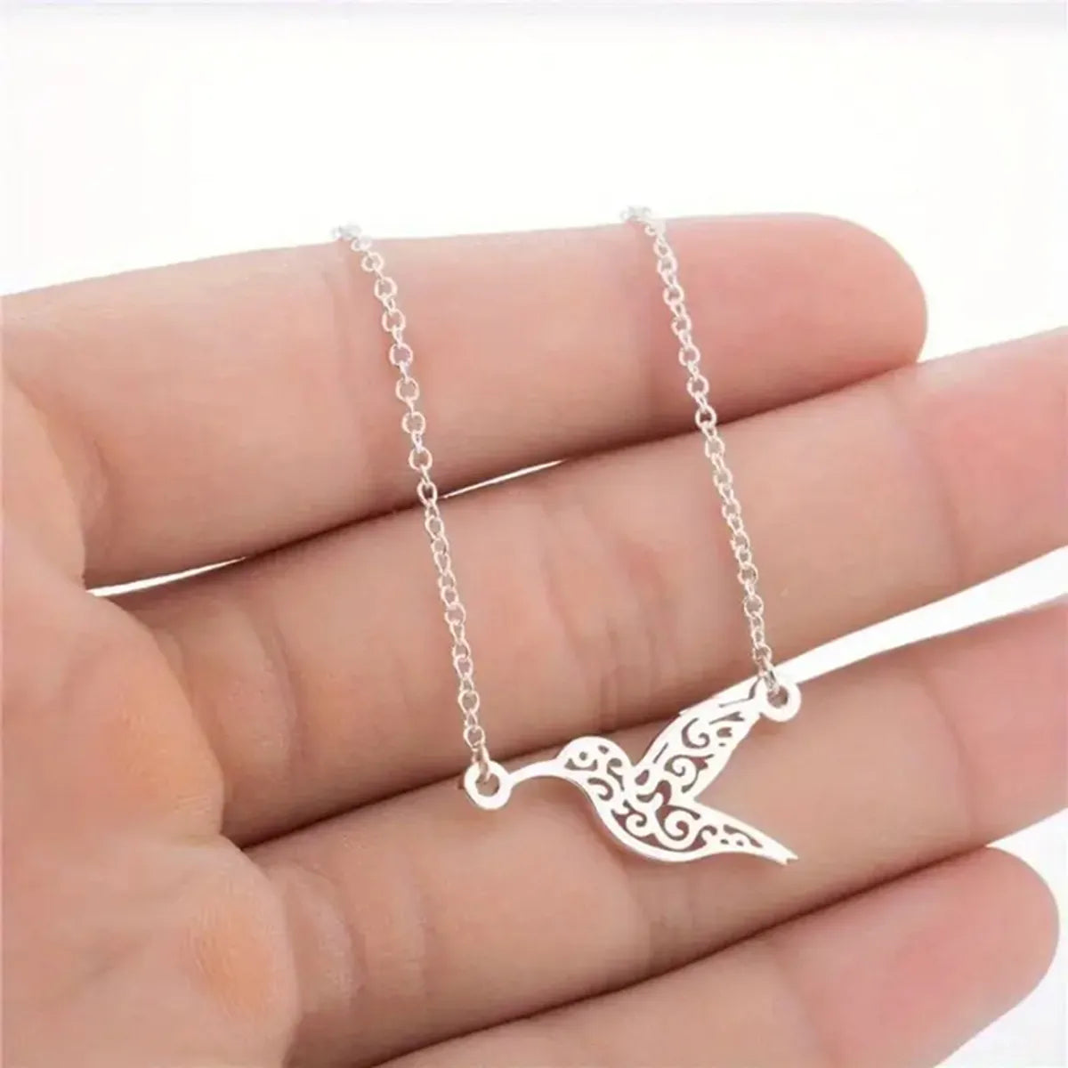 Wholesale Jewelry Simple Style Hummingbird 304 Stainless Steel Silver Plated Hollow Out Pendant Necklace