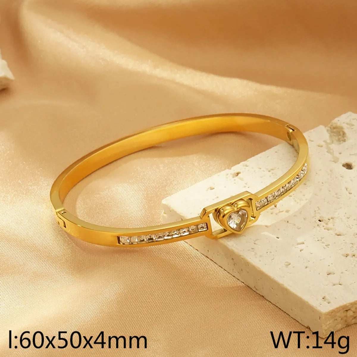 Simple Style Heart Shape 304 Stainless Steel 18K Gold Plated Rhinestones Bangle In Bulk