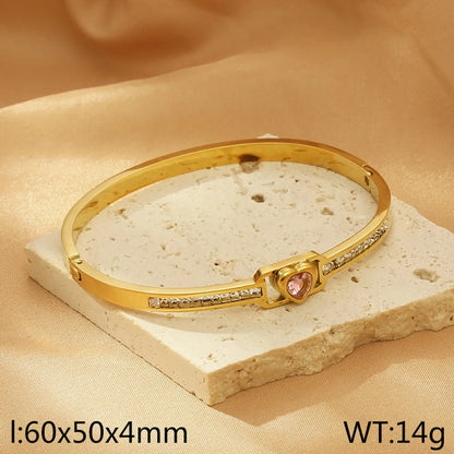 Simple Style Heart Shape 304 Stainless Steel 18K Gold Plated Rhinestones Bangle In Bulk