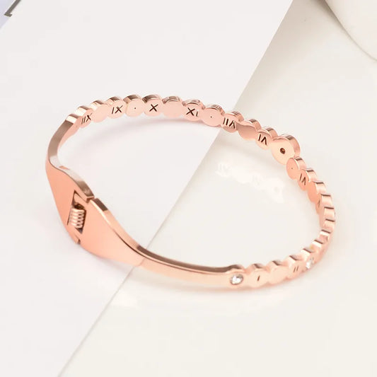 Basic Simple Style Classic Style Geometric Roman Numeral 304 Stainless Steel Titanium Steel Rose Gold Plated Rhinestones Bangle In Bulk