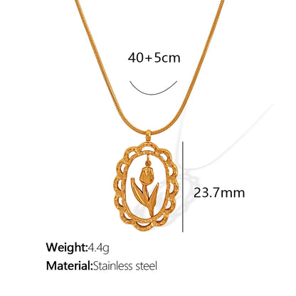 304 Stainless Steel Titanium Steel 18K Gold Plated Casual Retro Hollow Out Inlay Heart Shape Tulip Zircon Pendant Necklace