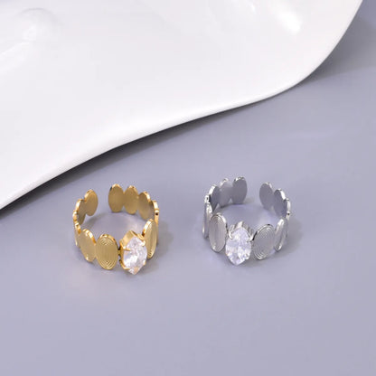 304 Stainless Steel Titanium Steel 18K Gold Plated Simple Style Inlay Round Artificial Rhinestones Open Rings