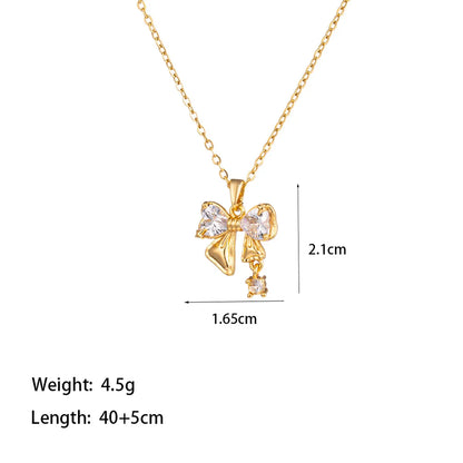 304 Stainless Steel 18K Gold Plated Elegant Artistic Commute Polishing Inlay Moon Dolphin Bow Knot Acrylic Artificial Rhinestones Pendant Necklace