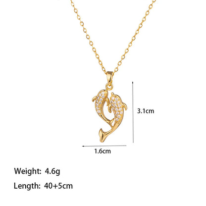 304 Stainless Steel 18K Gold Plated Elegant Artistic Commute Polishing Inlay Moon Dolphin Bow Knot Acrylic Artificial Rhinestones Pendant Necklace