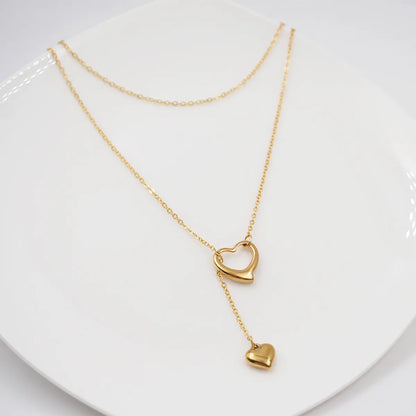 304 Stainless Steel Titanium Steel Gold Plated IG Style Casual Simple Style Handmade Hollow Out Heart Shape Double Layer Necklaces