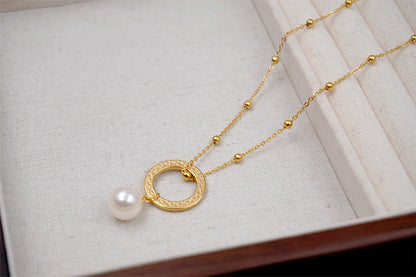 304 Stainless Steel Imitation Pearl Titanium Steel Gold Plated Vintage Style Classic Style Handmade Inlay Circle Artificial Pearls Pendant Necklace