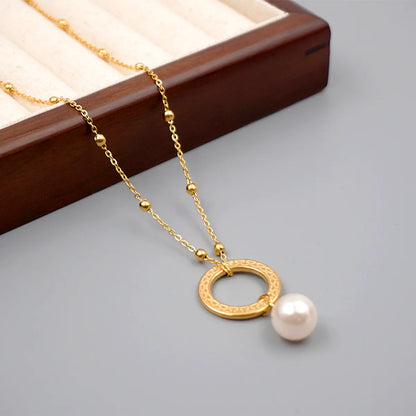 304 Stainless Steel Imitation Pearl Titanium Steel Gold Plated Vintage Style Classic Style Handmade Inlay Circle Artificial Pearls Pendant Necklace