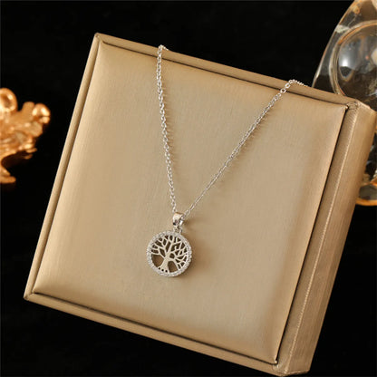 304 Stainless Steel Titanium Steel White Gold Plated Simple Style Plating Inlay Life Tree Zircon Pendant Necklace