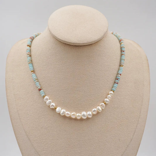 304 Stainless Steel Turquoise Freshwater Pearl Gold Plated Casual Simple Style Classic Style Beaded Handmade Geometric Necklace