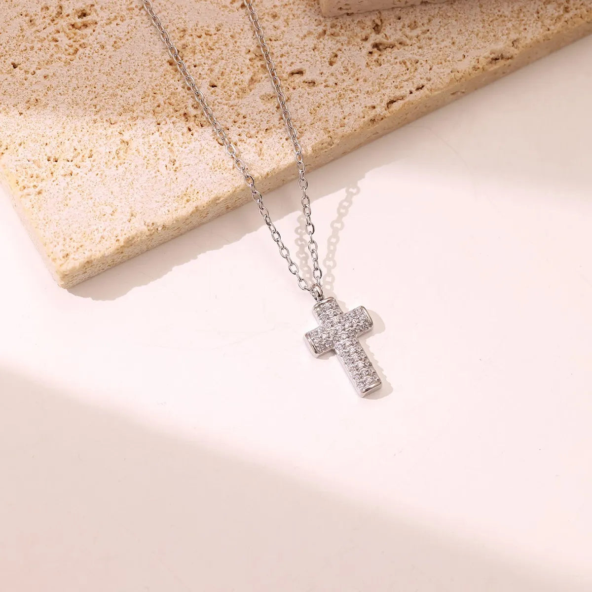 304 Stainless Steel White Gold Plated Gold Plated Elegant Luxurious Simple Style Inlay Cross Zircon Pendant Necklace