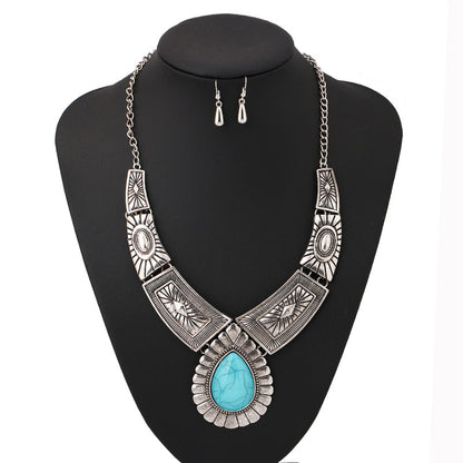 Retro Ethnic Style Water Droplets Rhombus Turquoise Alloy Wholesale Earrings Necklace