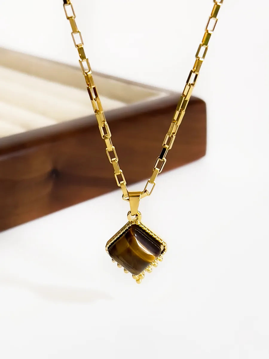 Wholesale Jewelry Retro Classic Style Rhombus 316L Stainless Steel  Natural Stone 18K Gold Plated Irregular Inlay Pendant Necklace