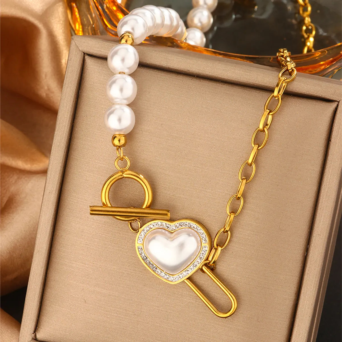 Wholesale Jewelry Retro Commute Round Devil'S Eye Heart Shape 304 Stainless Steel Artificial Pearls Turquoise Zircon 18K Gold Plated Plating Inlay Double Layer Necklaces