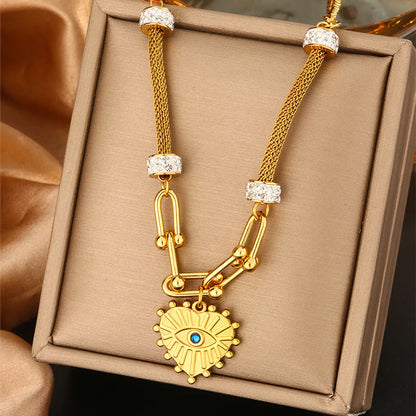 Wholesale Jewelry Retro Commute Round Devil'S Eye Heart Shape 304 Stainless Steel Artificial Pearls Turquoise Zircon 18K Gold Plated Plating Inlay Double Layer Necklaces