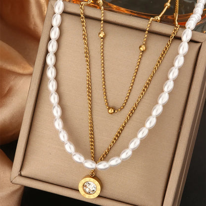 Wholesale Jewelry Vintage Style Commute Devil'S Eye Heart Shape Lock 304 Stainless Steel Turquoise Rhinestones Pearl 18K Gold Plated Plating Inlay Layered Necklaces