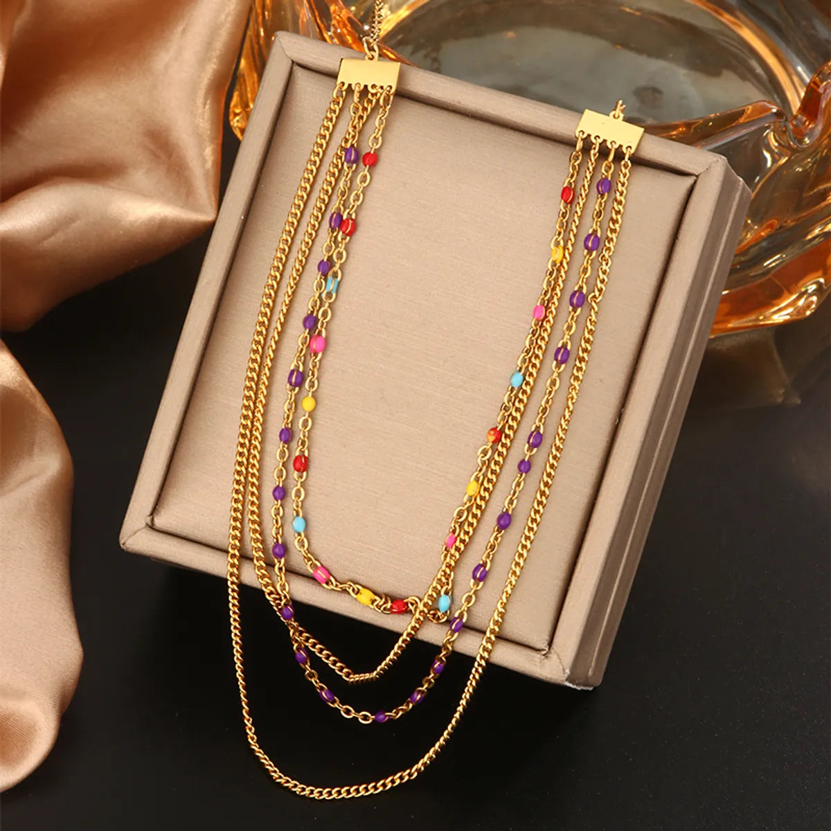 Wholesale Jewelry Vintage Style Commute Devil'S Eye Heart Shape Lock 304 Stainless Steel Turquoise Rhinestones Pearl 18K Gold Plated Plating Inlay Layered Necklaces