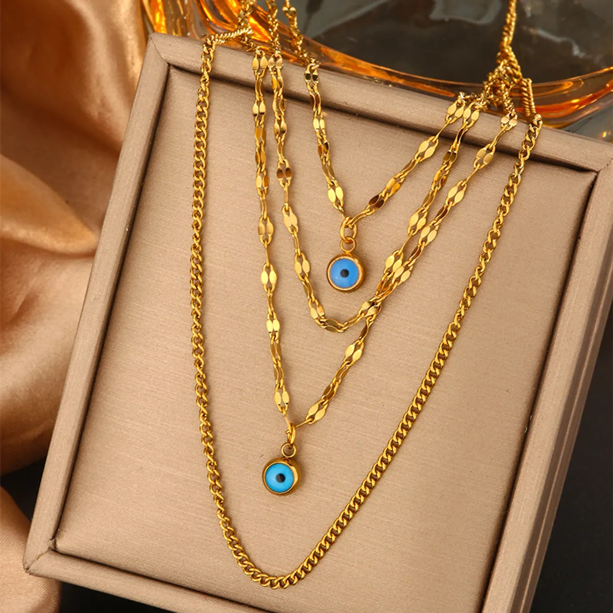 Wholesale Jewelry Vintage Style Commute Devil'S Eye Heart Shape Lock 304 Stainless Steel Turquoise Rhinestones Pearl 18K Gold Plated Plating Inlay Layered Necklaces