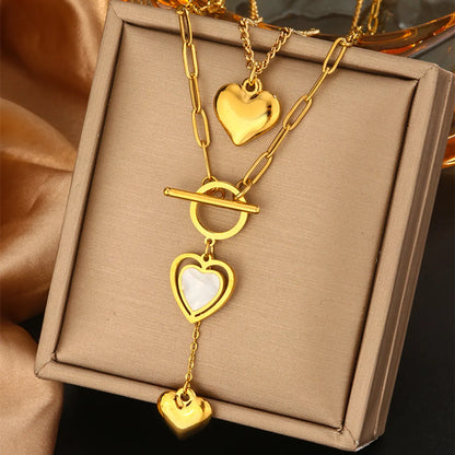 Wholesale Jewelry Vintage Style Commute Devil'S Eye Heart Shape Lock 304 Stainless Steel Turquoise Rhinestones Pearl 18K Gold Plated Plating Inlay Layered Necklaces