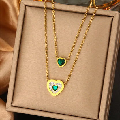 Wholesale Jewelry Vintage Style Commute Devil'S Eye Heart Shape Lock 304 Stainless Steel Turquoise Rhinestones Pearl 18K Gold Plated Plating Inlay Layered Necklaces