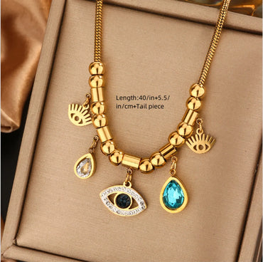 Wholesale Jewelry Vintage Style Commute Devil'S Eye Star Moon 304 Stainless Steel Turquoise Rhinestones Shell 18K Gold Plated Plating Inlay Layered Necklaces