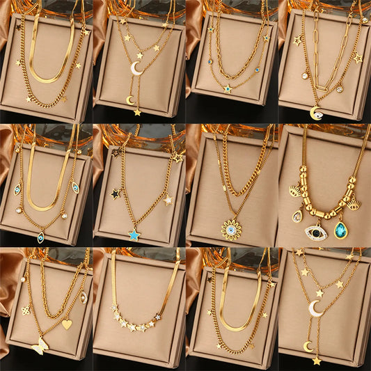 Wholesale Jewelry Vintage Style Commute Devil'S Eye Star Moon 304 Stainless Steel Turquoise Rhinestones Shell 18K Gold Plated Plating Inlay Layered Necklaces