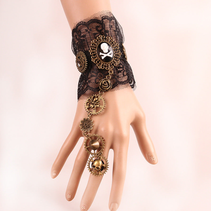 Vintage Style Punk Flower Skull Gear Alloy Lace Wholesale Bracelets