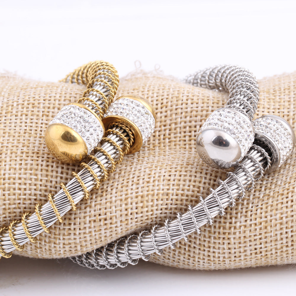 Fashion Spring Steel Wire Golden Diamond-embedded Stainless Steel Bracelet Wholesale