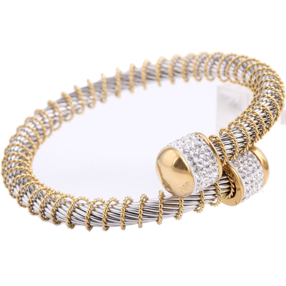 Fashion Spring Steel Wire Golden Diamond-embedded Stainless Steel Bracelet Wholesale