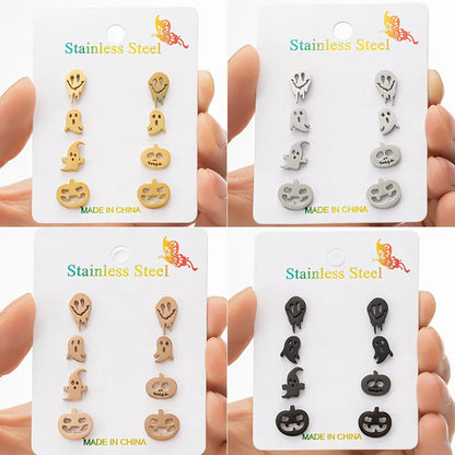 4 Pairs Cute Simple Style Pumpkin Skull 304 Stainless Steel 18K Gold Plated Ear Studs