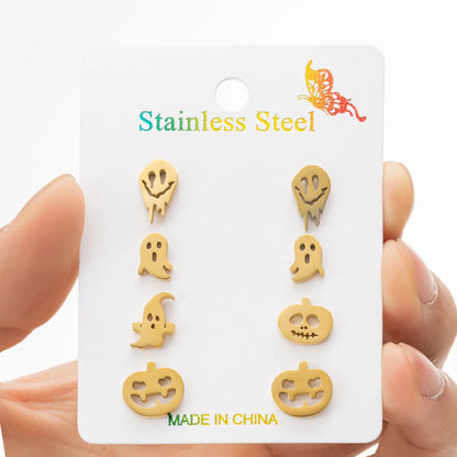 4 Pairs Cute Simple Style Pumpkin Skull 304 Stainless Steel 18K Gold Plated Ear Studs