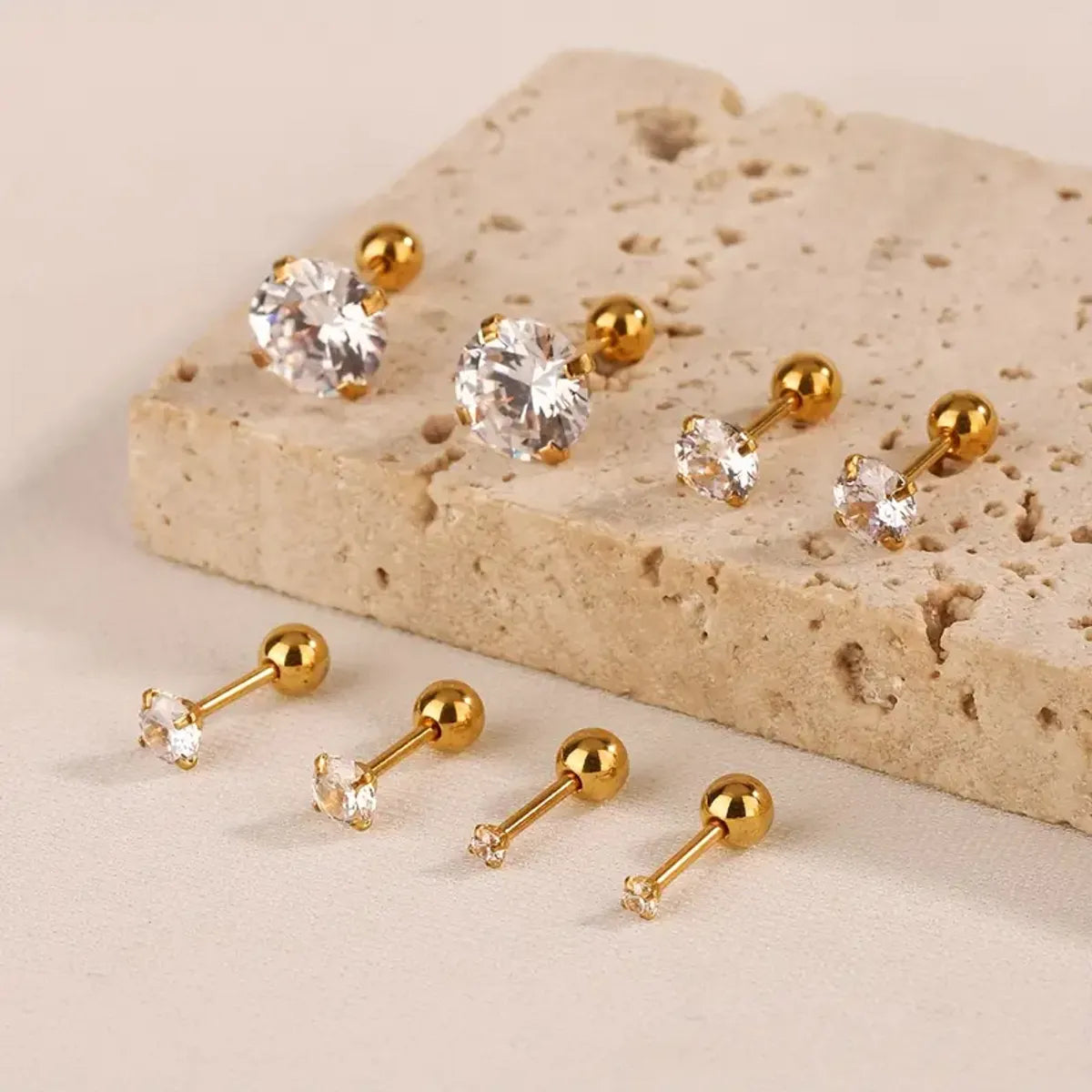 4 Pairs Elegant Sweet Geometric Inlay 304 Stainless Steel Zircon 14K Gold Plated Ear Studs