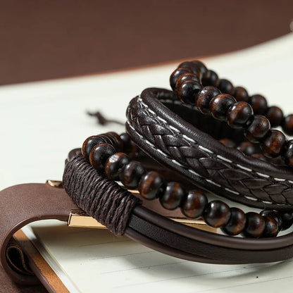 4 Piece Set Casual Round Beaded Pu Leather Men'S Bracelets