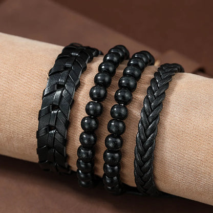 4 Piece Set Casual Round Beaded Pu Leather Men'S Bracelets