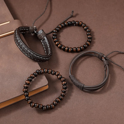 4 Piece Set Casual Round Beaded Pu Leather Men'S Bracelets