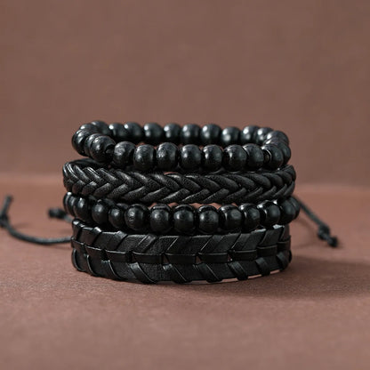 4 Piece Set Casual Round Beaded Pu Leather Men'S Bracelets