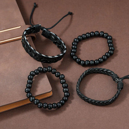 4 Piece Set Casual Round Beaded Pu Leather Men'S Bracelets