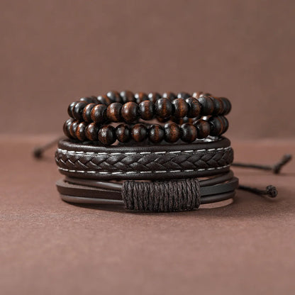 4 Piece Set Casual Round Beaded Pu Leather Men'S Bracelets