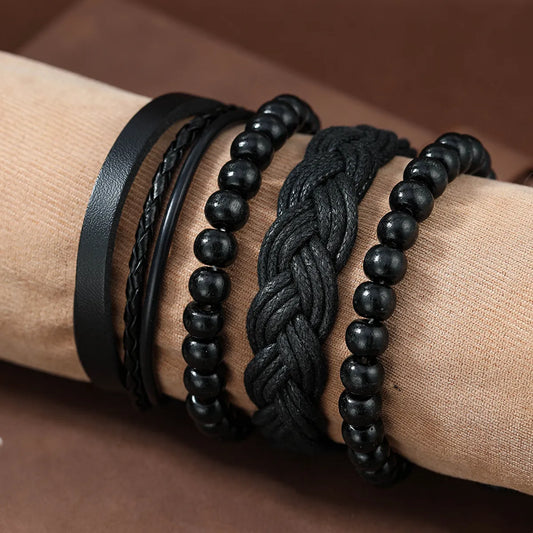 4 Piece Set Casual Solid Color Twist Beaded Pu Leather Men'S Bracelets