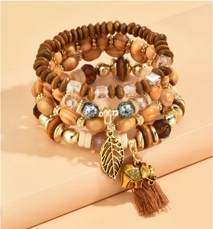 4 Piece Set Ethnic Style Leaf Tassel Elephant Alloy Wood Beaded Women's Bracelets